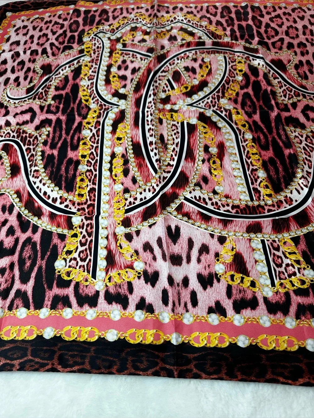 Roberto Cavalli Pink Leopard Print Silk Scarf with Gold Chain Motif